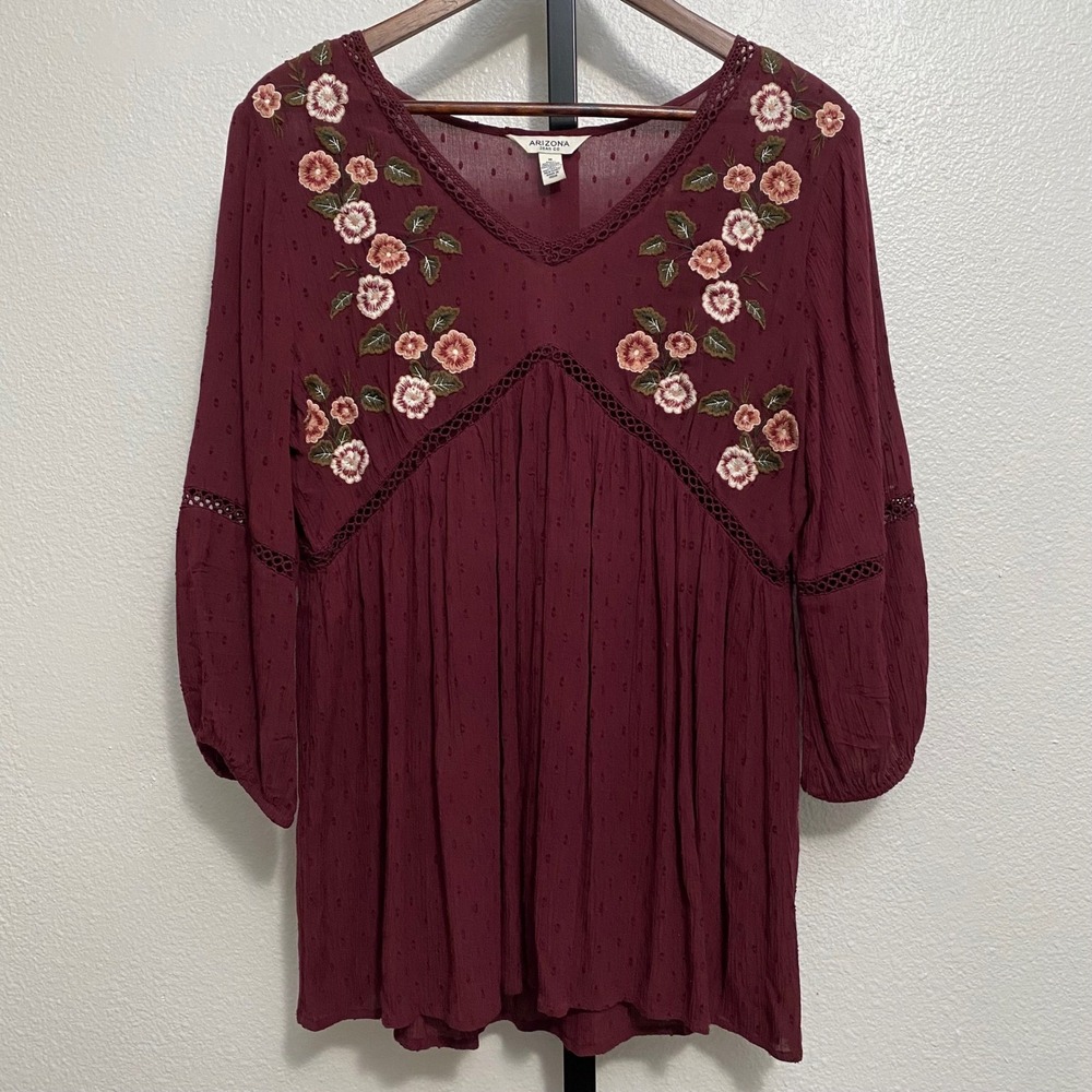 Whimsical Floral Embroidered Burgundy Babydoll‎ Top M Boho Festival Indie
